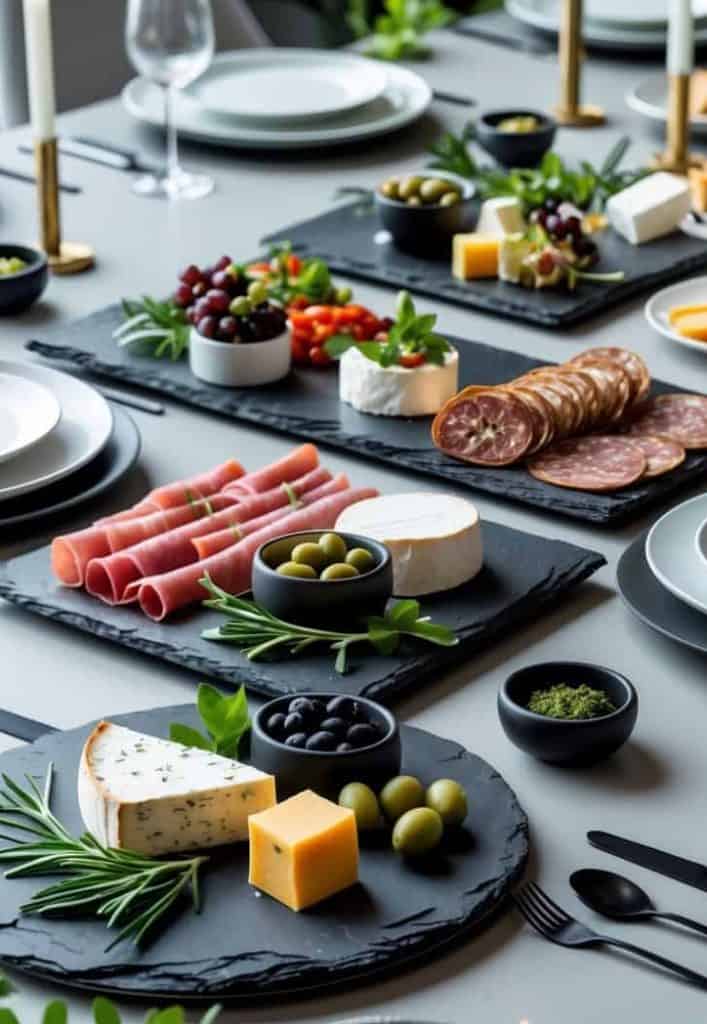 A modern dining table set with plates and candles, featuring assorted cheeses, cured meats, olives, grapes, and herbs arranged on black slate boards.