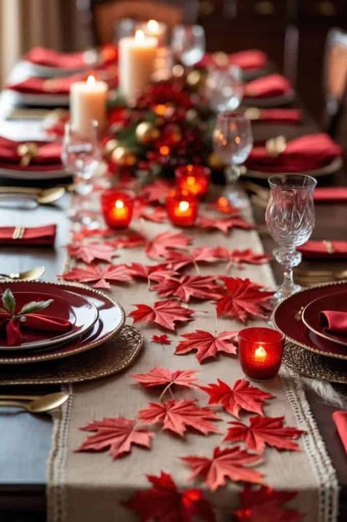 A dining table set with red plates, napkins, candles, and autumn leaves as decoration, creating a festive and elegant atmosphere.