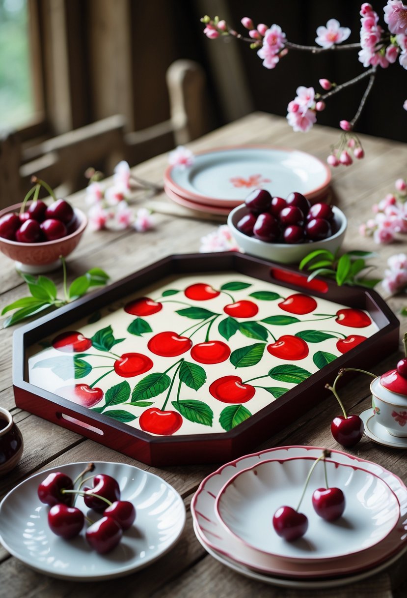 A serving tray decorated with cherry designs on a wooden table surrounded by fresh cherries and tableware.