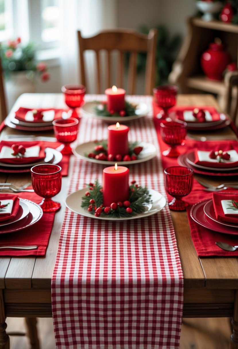 A dining table with a red and white checkered table runner and red-themed table settings including plates, napkins, glassware, candles, and flowers.
