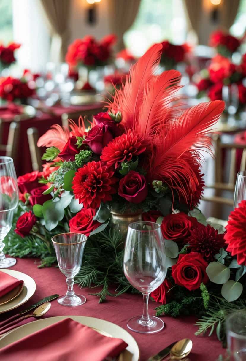A beautifully decorated table with red floral centerpieces accented by red feathers and matching red table settings.
