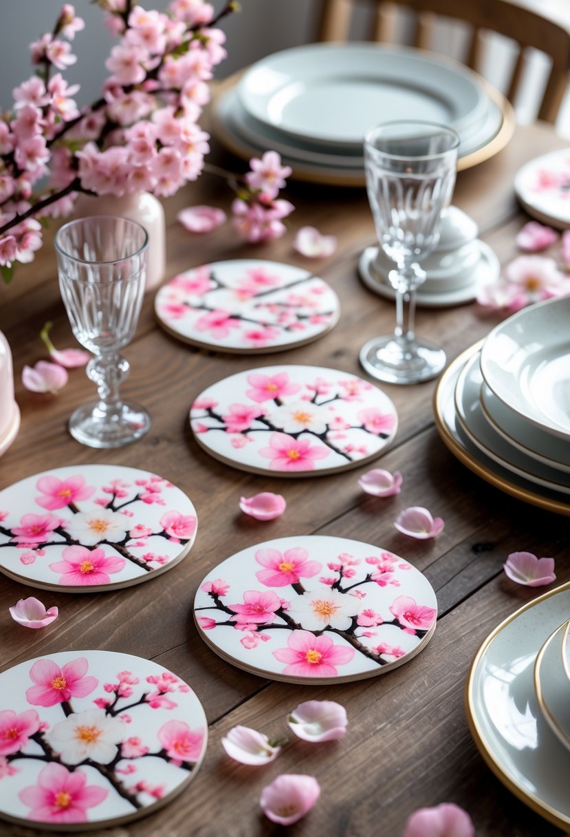 A wooden table set with cherry blossom printed coasters surrounded by plates, glasses, cherry blossom petals, and small vases with cherry blossom branches.