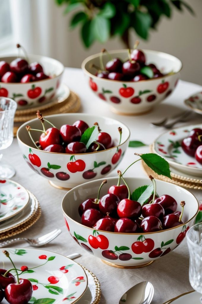 Five ceramic bowls decorated with cherry patterns, each filled with fresh cherries, are arranged on a set dining table with matching cherry-themed plates and clear glasses.