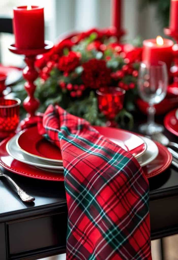 A dining table set with red and white plates, a tartan napkin, red candles, red glassware, and a festive centerpiece with greenery and red berries.