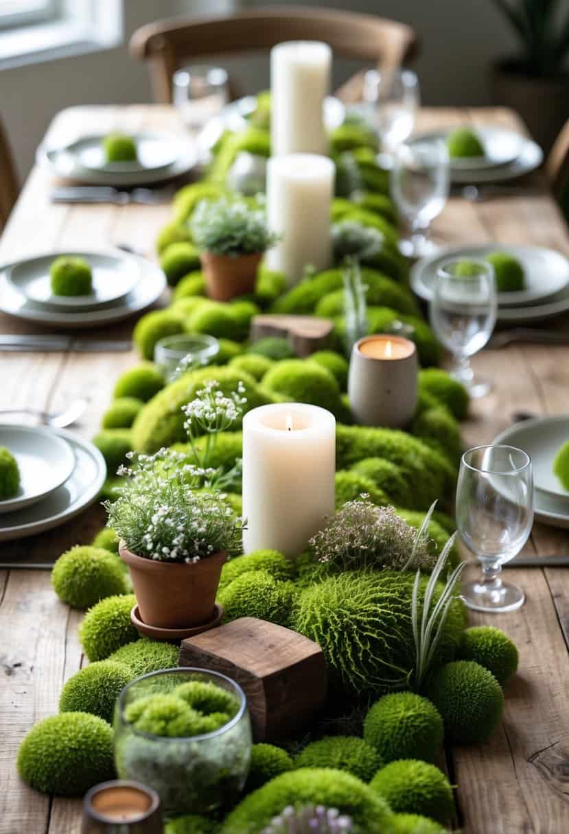 A wooden table set with green moss, potted plants, flowers, candles, plates, and glassware arranged in a natural and inviting way.