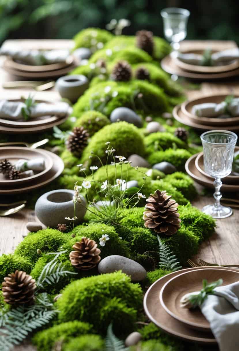 A table covered with green moss, decorated with ferns, wildflowers, pinecones, wooden plates, and glassware.