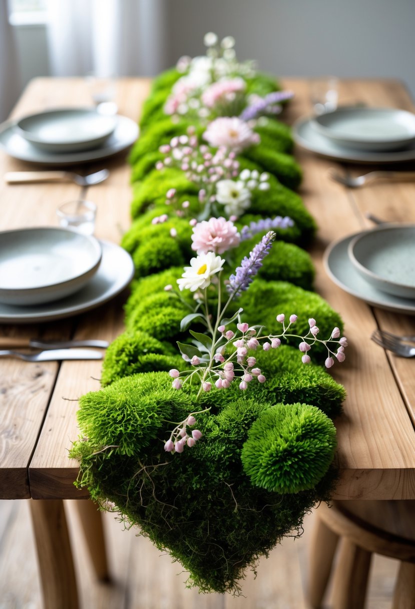 A wooden dining table with a green moss runner decorated with small pastel-colored flowers and simple tableware.