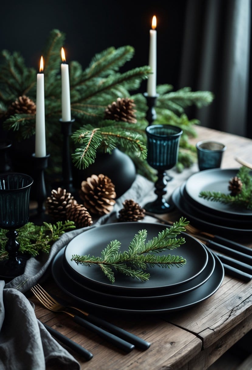 A dark wooden table set with plates, cutlery, glassware, candles, and evergreen sprigs arranged as a natural centerpiece.