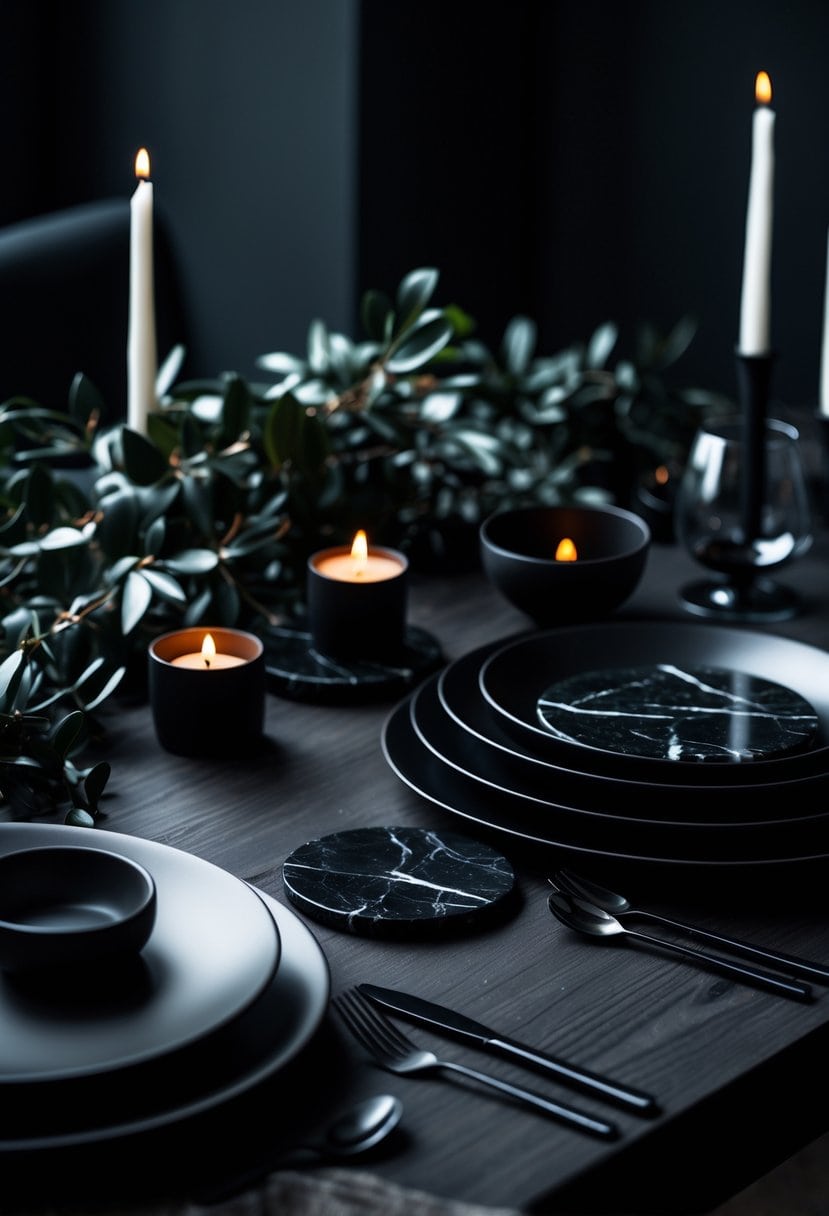 A dark wooden table set with black marble coasters, black plates, cutlery, dark glassware, and green foliage under soft lighting.