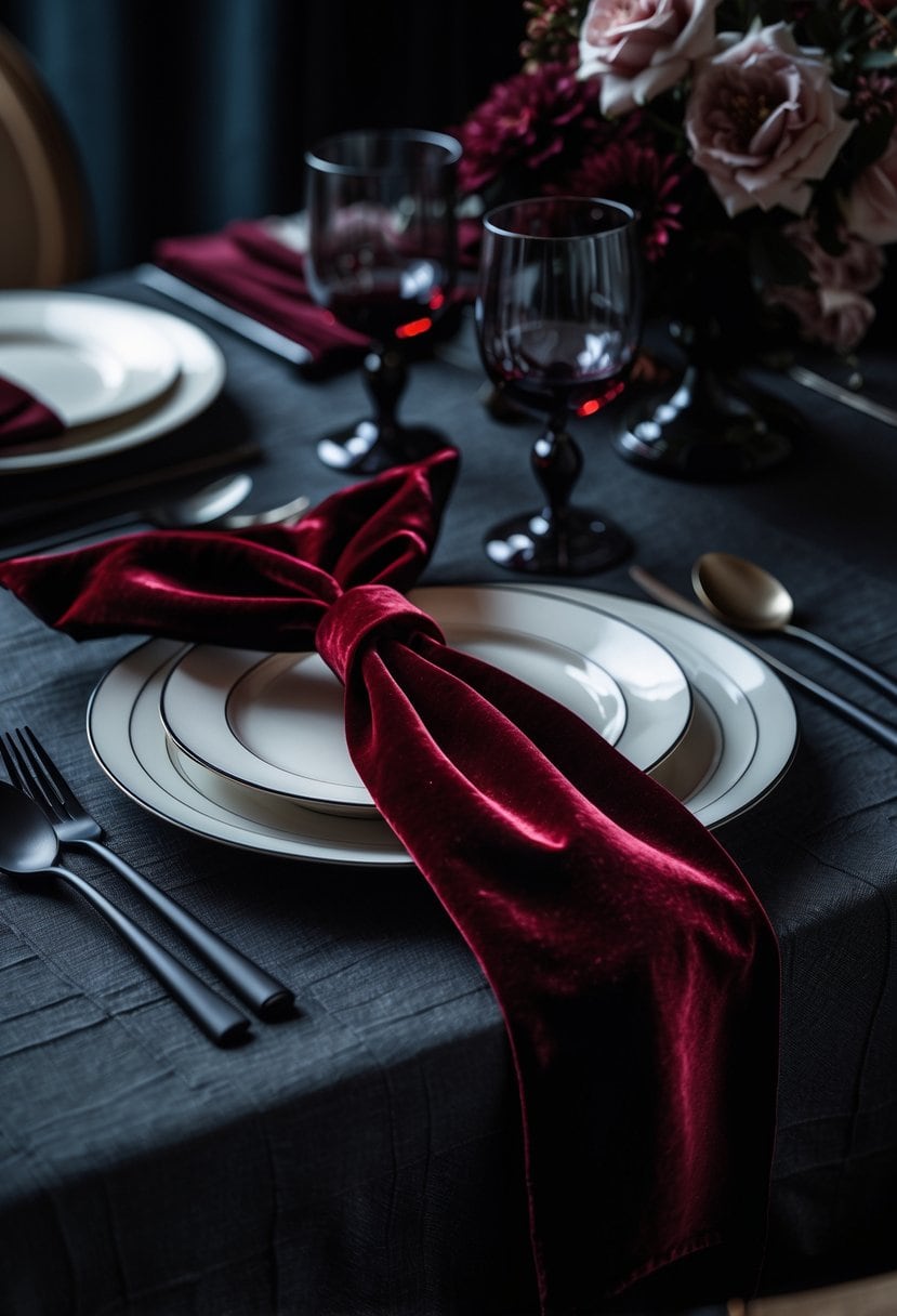 A dark dining table set with deep red velvet napkin ties on plates, surrounded by dark table linens, glassware, and cutlery in a moody lighting setting.