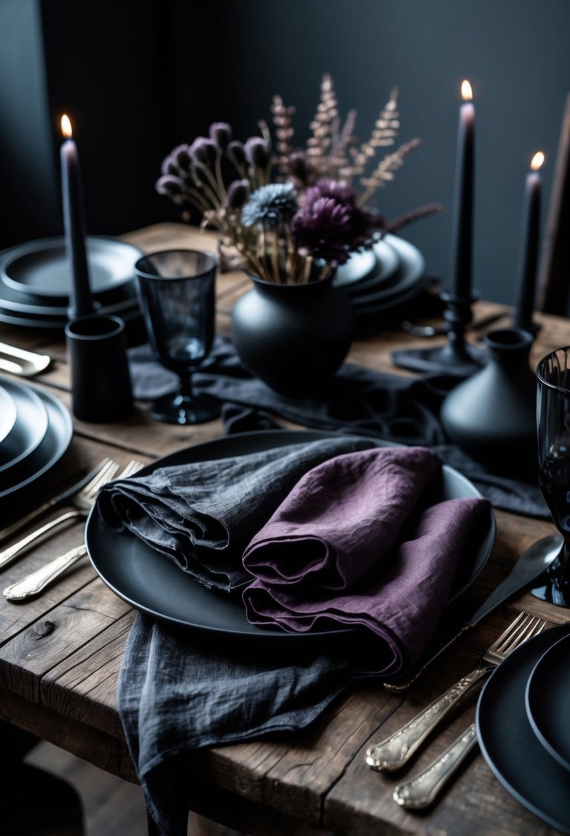 A dark wooden table set with charcoal and plum linen napkins alongside black plates, silver cutlery, and candles.