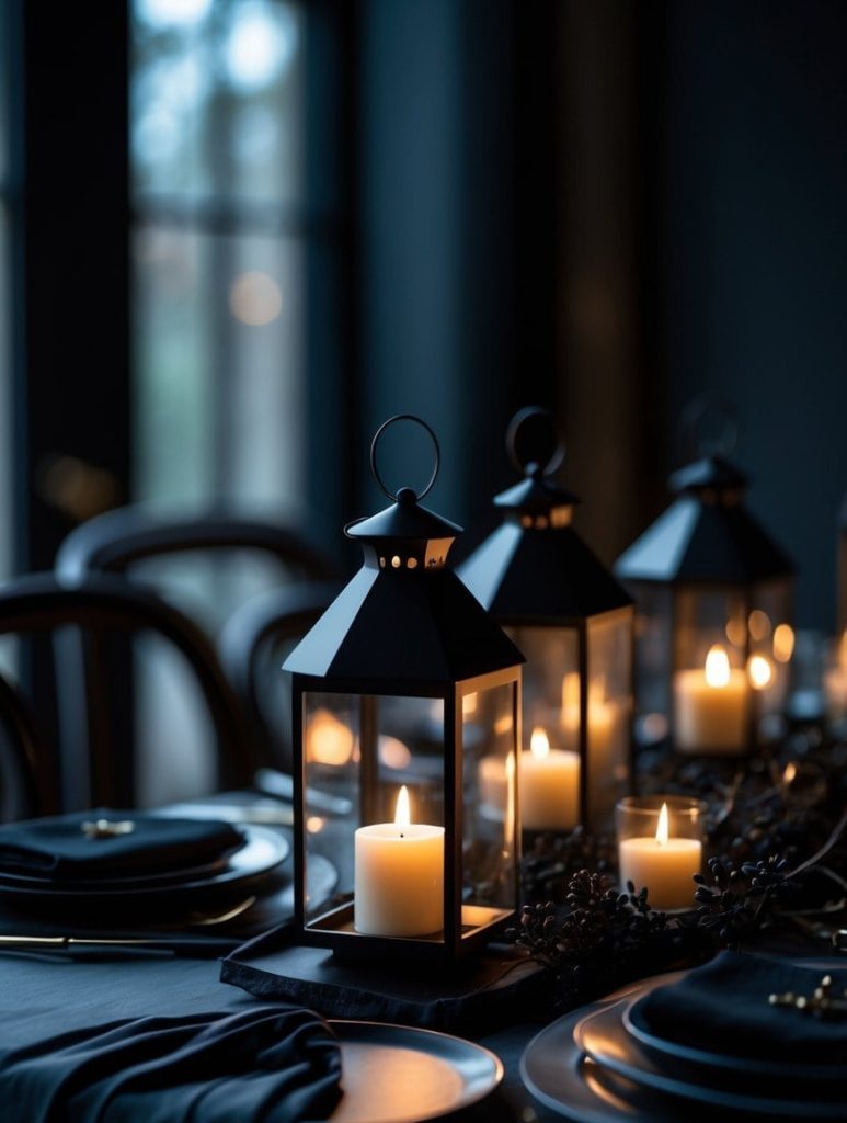 Three black lanterns with lit candles are placed on a dining table set with dark plates and napkins, creating a warm and elegant atmosphere.