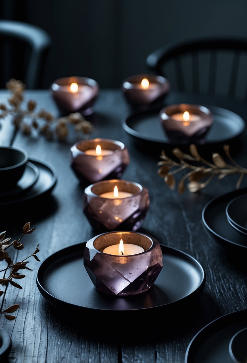 A dark table with smoky quartz tea light holders glowing softly among dark plates and natural decorations.
