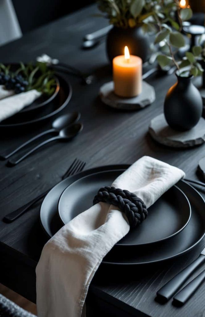A black dining table set with black plates, cutlery, and glassware, a white napkin with a black napkin ring, candles, and small vases with greenery.