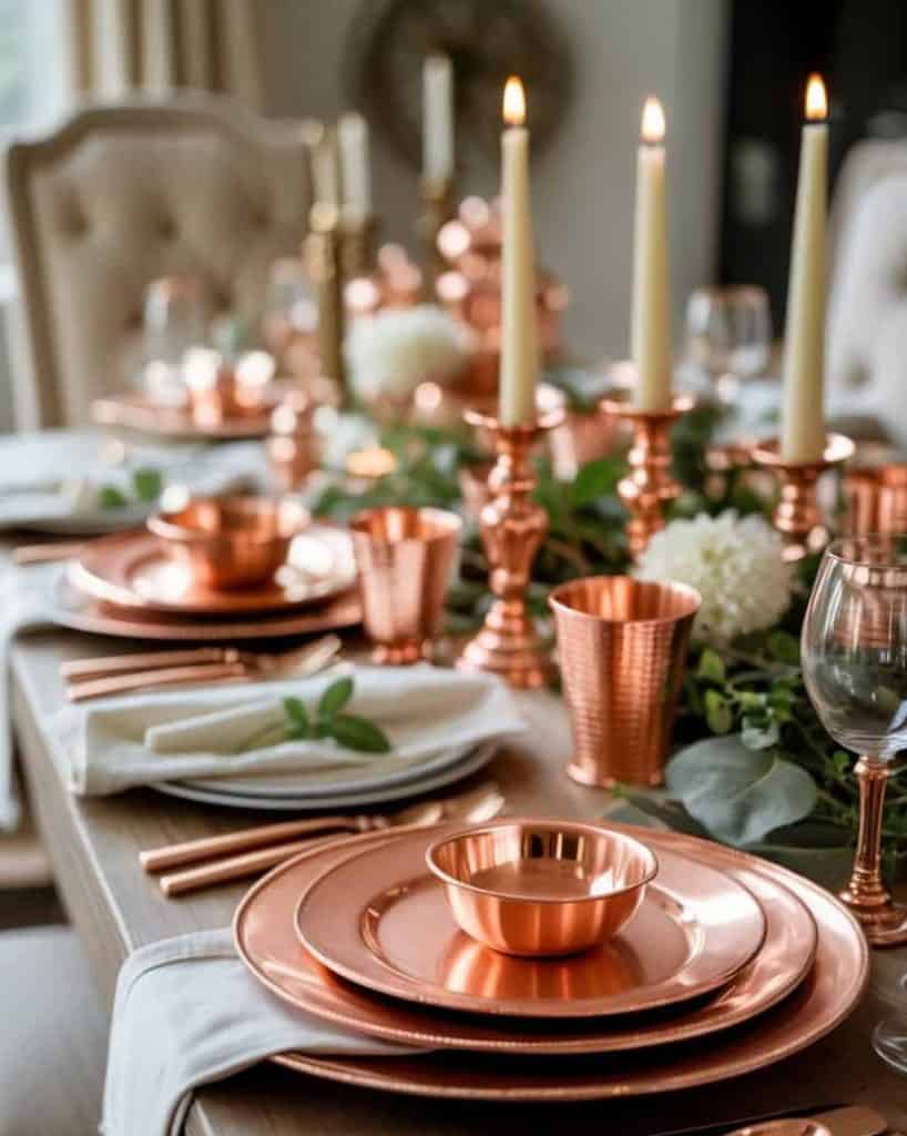Elegant dining table set with copper plates, cups, and cutlery, white napkins, greenery, white flowers, and lit candles in copper holders, arranged for a formal meal.