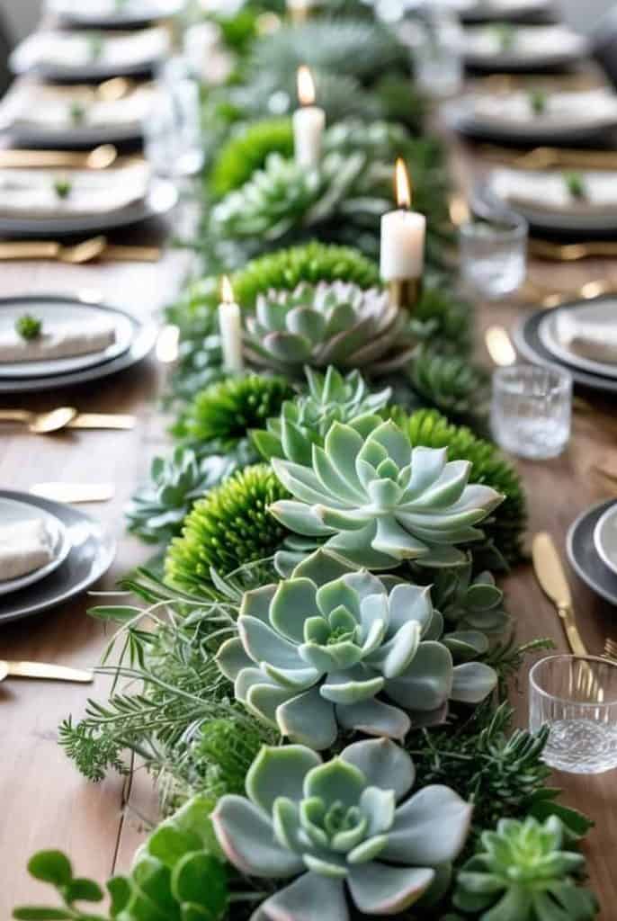 A dining table is set with plates, glasses, gold cutlery, and beige napkins, featuring a centerpiece of green succulents and lit candles.