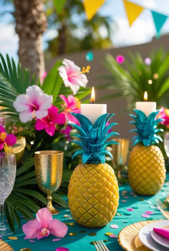 A tropical-themed table setting with gold plates, gold goblets, and pineapple-shaped candle holders, decorated with pink flowers and green leaves.
