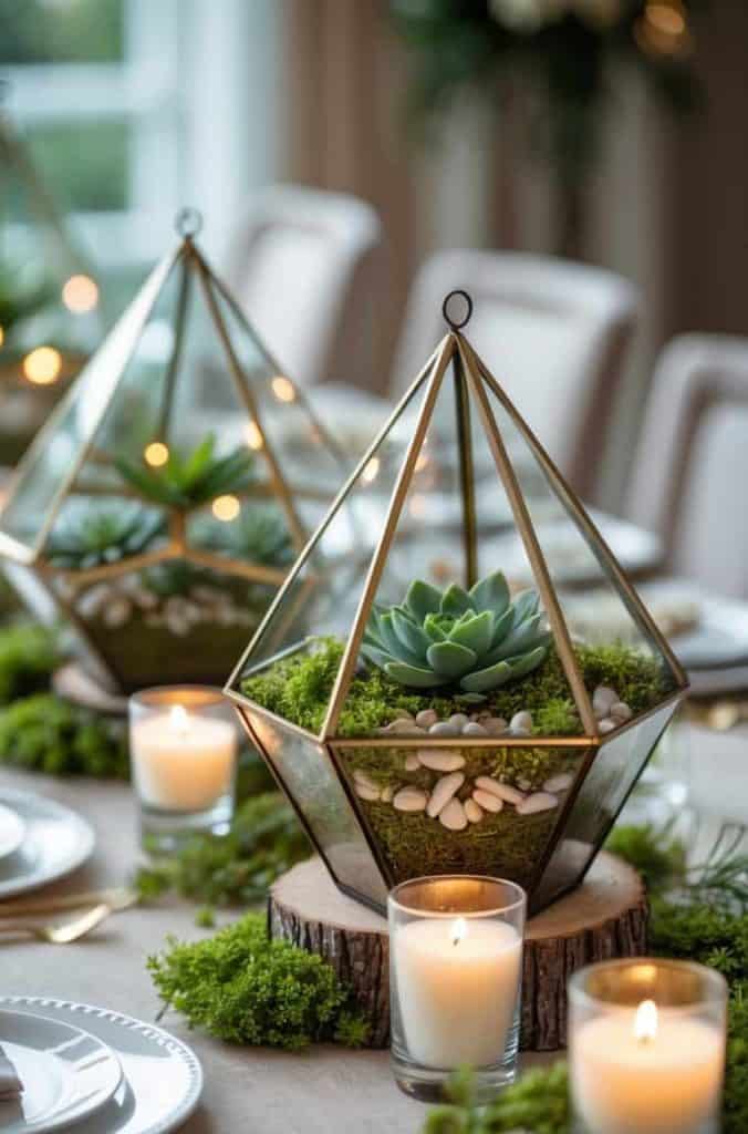 A dining table decorated with geometric terrariums containing succulents, moss, and pebbles, surrounded by lit candles and white plates.