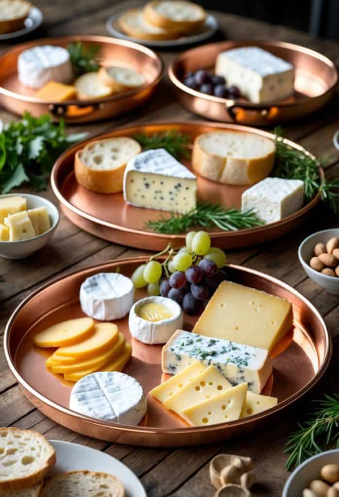Assorted cheeses, bread, grapes, and nuts arranged on copper trays and bowls set on a rustic wooden table.
