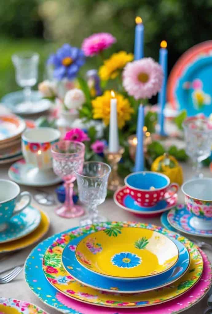 A table set with colorful, patterned plates, cups, and glasses, surrounded by flowers, lit candles, and bright summer-themed decor outdoors.