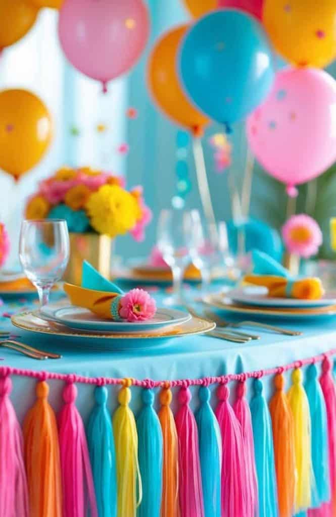 A decorated party table with colorful tassels, balloons, floral centerpieces, and place settings with napkins and glasses.
