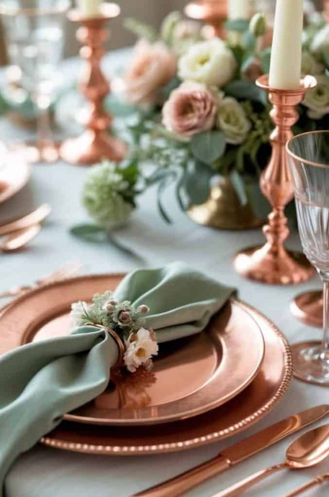 Table set with copper plates, cutlery, and candlesticks, green napkins with floral rings, and a floral centerpiece on a white tablecloth.