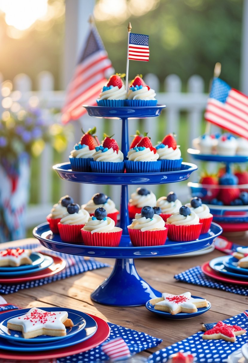 A table set with blue and red tiered dessert plates holding patriotic-themed desserts like cupcakes and cookies, decorated for a Fourth of July celebration.