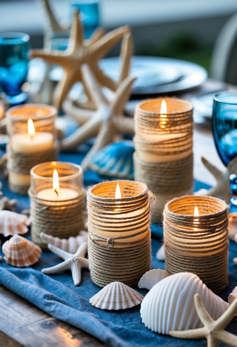 A table set outdoors with twine-wrapped candle holders and ocean-inspired decorations including seashells and starfish.