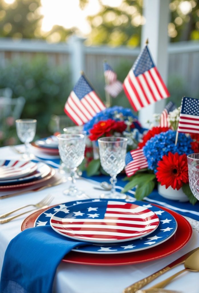 A table set with American flag-themed plates, blue napkins, crystal glasses, red and blue flowers, and small American flags for a patriotic celebration outdoors.