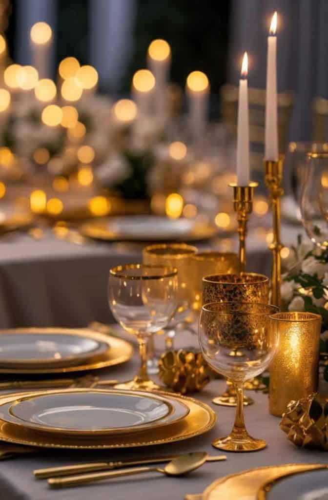 Elegant dinner table set with gold-rimmed plates, gold cutlery, glassware, and lit candles, creating a warm and festive atmosphere.