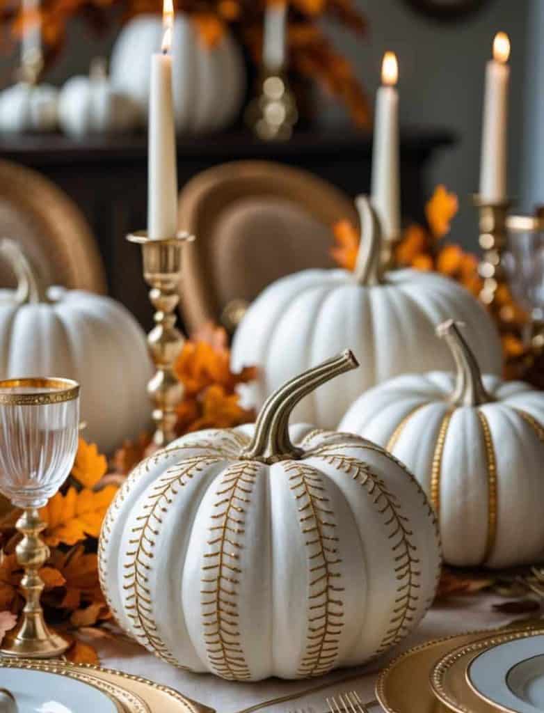 A formal dining table set with gold-rimmed glassware, white pumpkins decorated with gold accents, gold utensils, and lit candles, surrounded by orange autumn leaves.