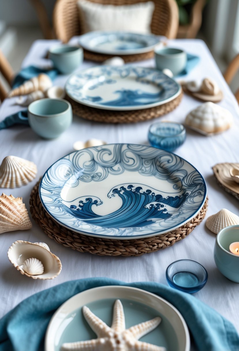 A table set with ceramic plates decorated with wave patterns, seashells, and blue linens creating an ocean-themed dining arrangement.