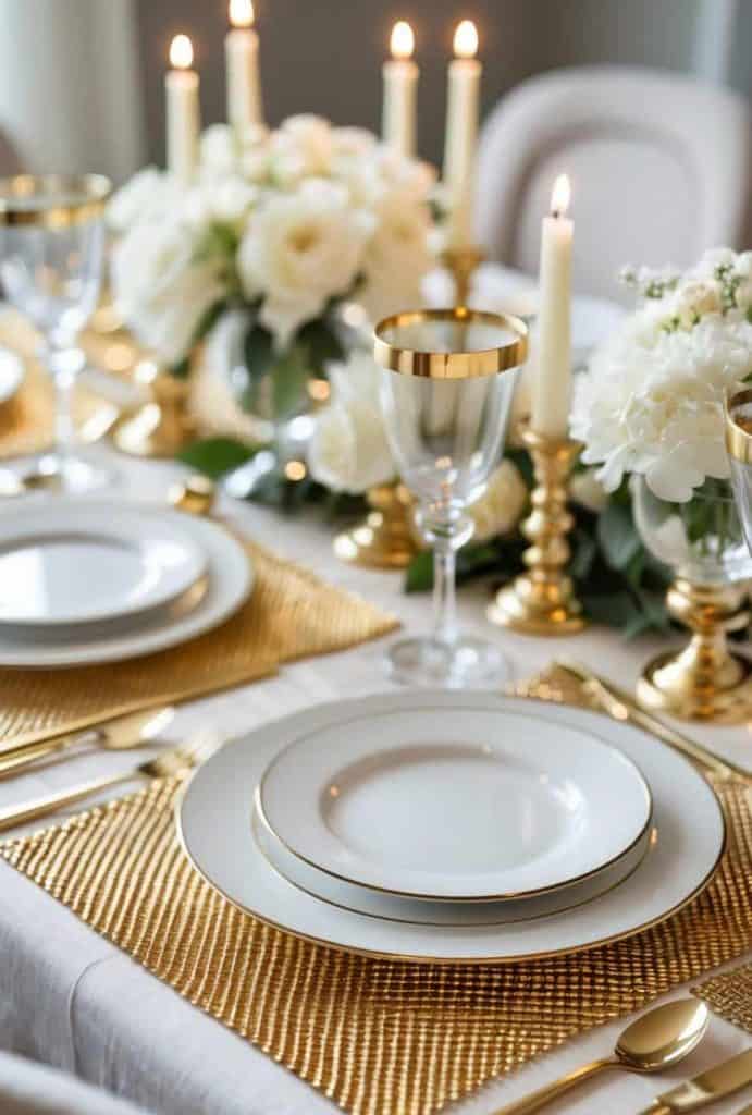 Elegant table setting with white plates, gold-rimmed glasses, gold cutlery, and white floral centerpieces, accented by lit candles and gold placemats.