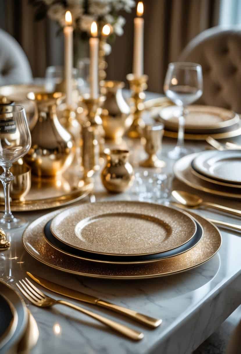 A dining table set with gold-speckled ceramic plates and matching gold-toned tableware arranged for a formal meal.