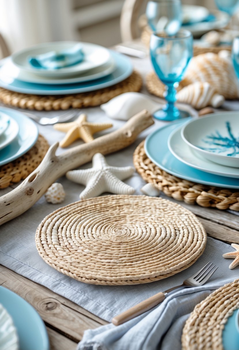 A wooden table set with natural fiber coasters, seashells, plates, and glassware arranged in an ocean-inspired tablescape.