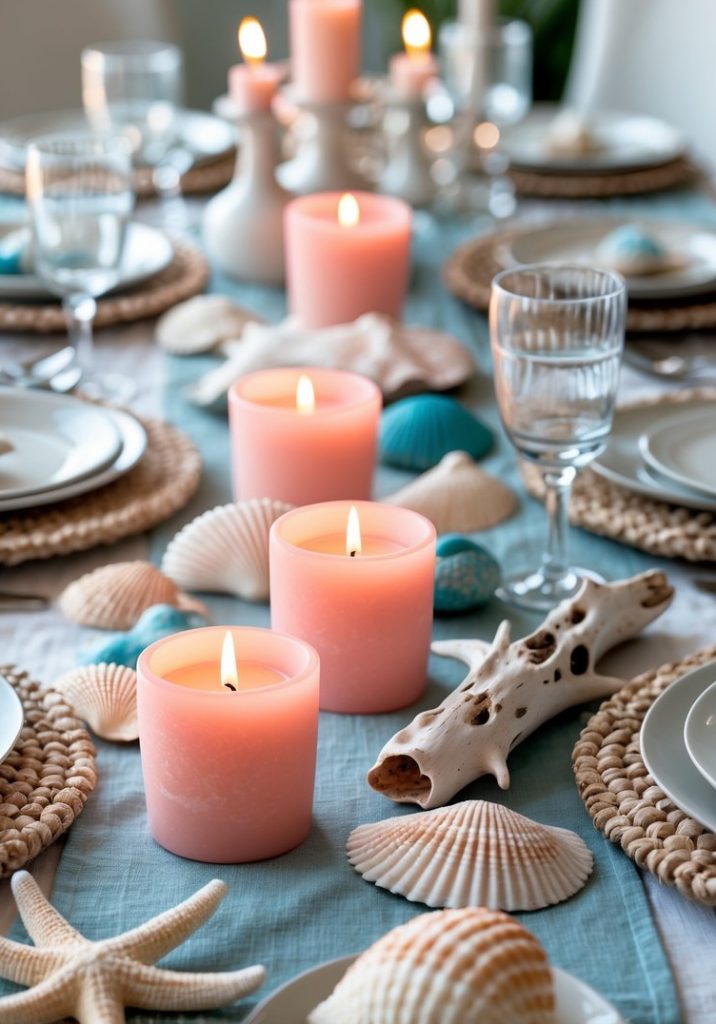 A dining table is decorated with pink candles, seashells, and starfish, set with white plates, woven placemats, and glassware for a coastal-themed meal.