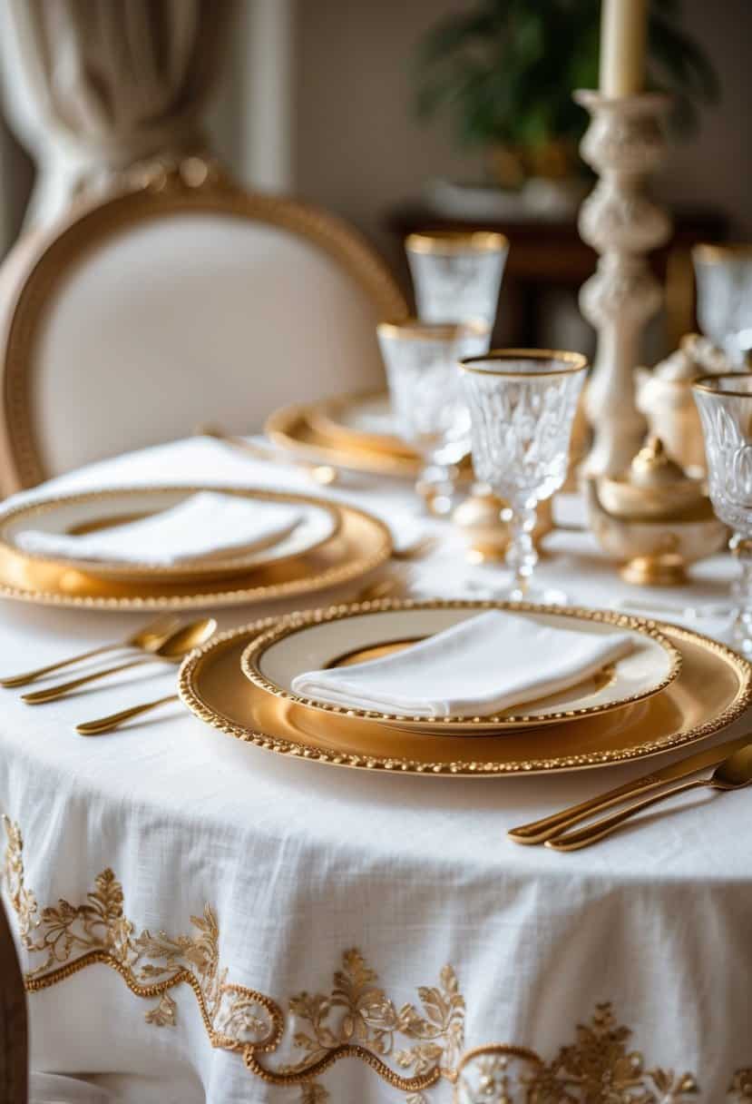 A table set with a white linen tablecloth with gold embroidered edges and gold-accented dinnerware.