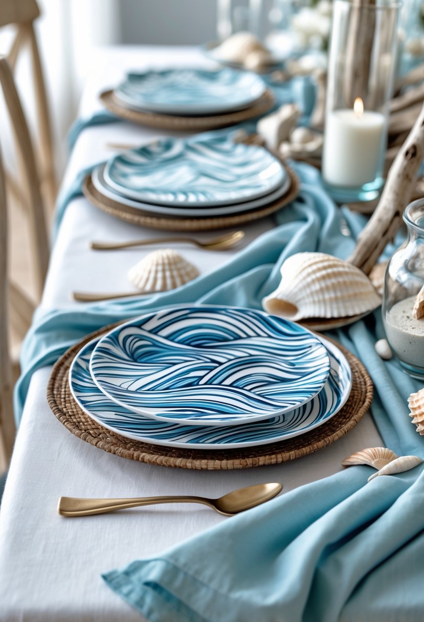 A table set with wave-patterned dessert plates and ocean-themed decorations including seashells and driftwood.