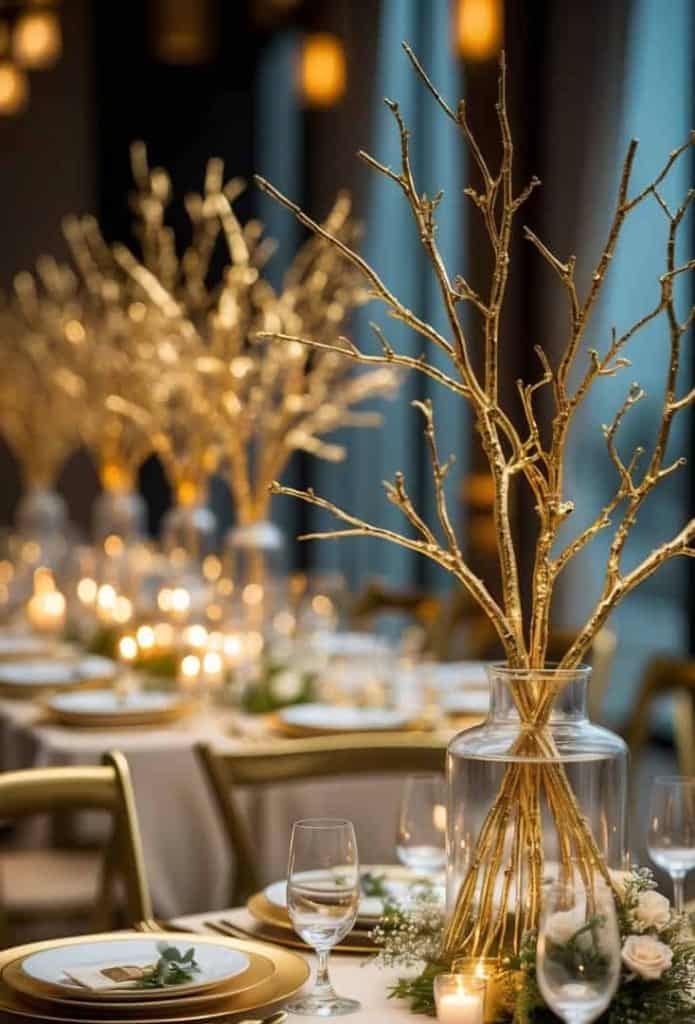 Elegant table setting with gold branch centerpieces in glass vases, gold-rimmed plates, candles, greenery, and soft lighting in a formal dining room.