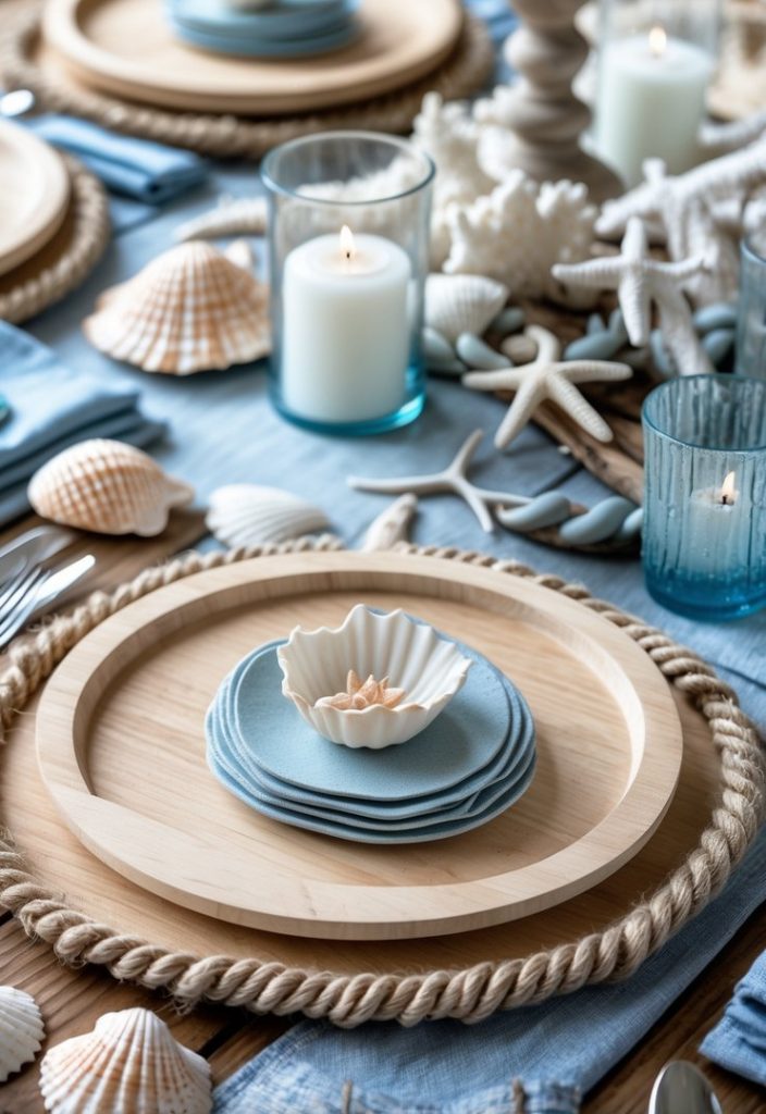 A dining table set with blue napkins, wooden plates with rope borders, seashells, starfish, and lit candles arranged in a coastal-themed decor.
