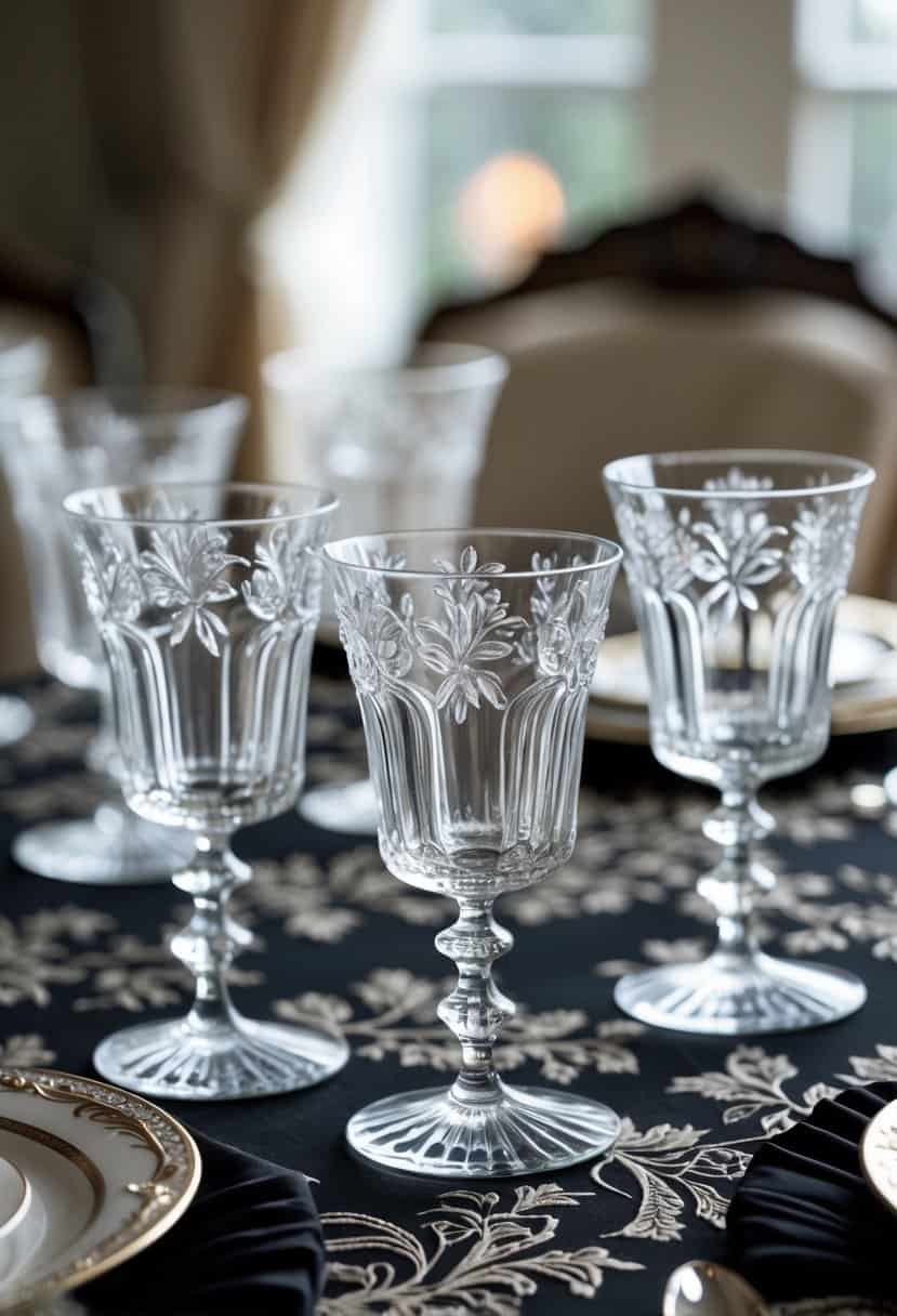 A table covered with a black patterned tablecloth and set with vintage crystal glasses.