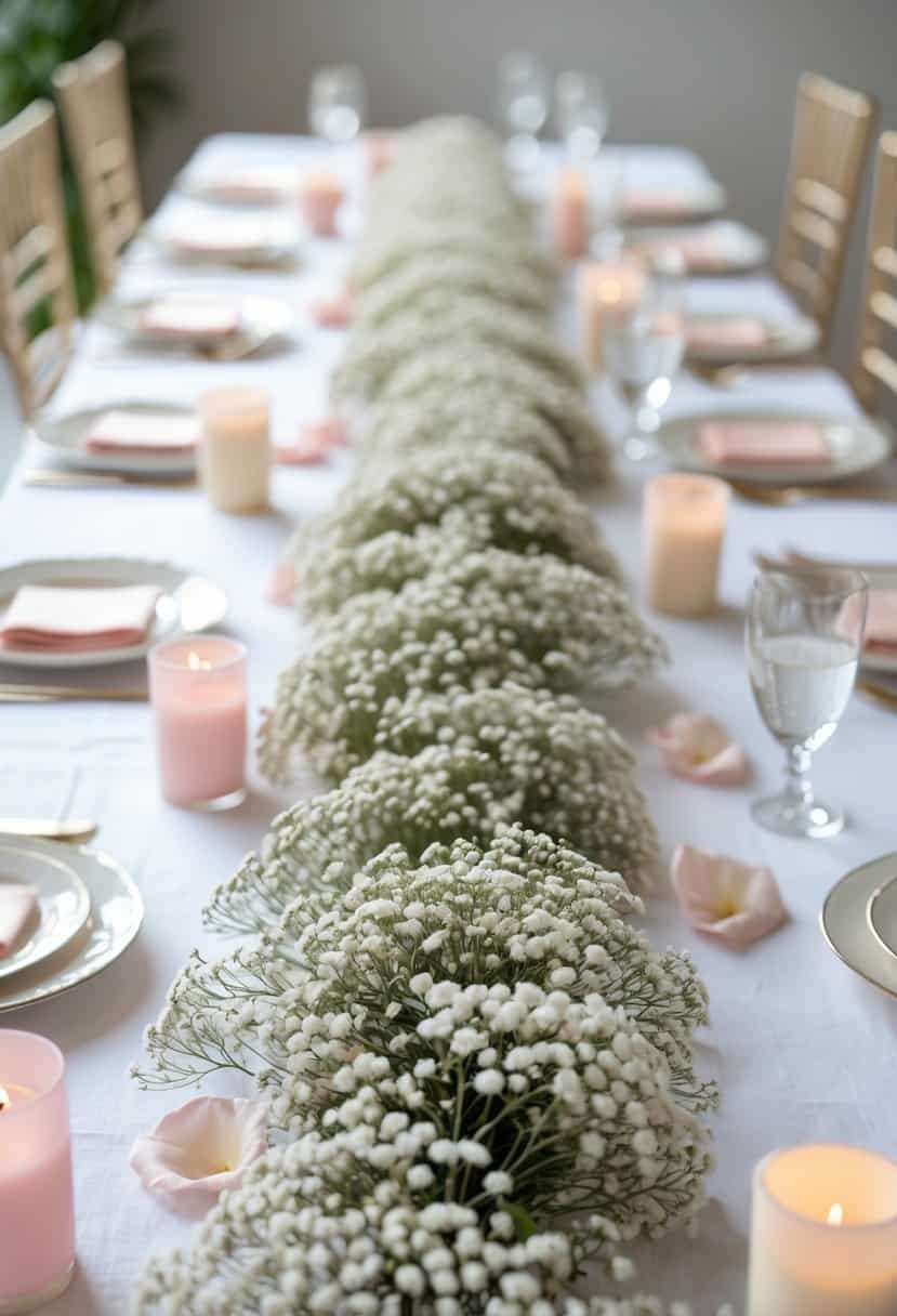 A long table set for a bridal shower with a delicate baby's breath flower garland running down the center, surrounded by plates, glassware, and candles.