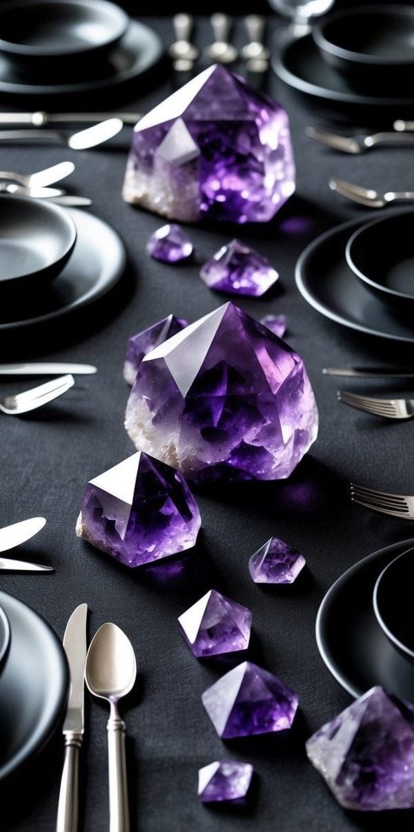 A formal dining table set with black dishes and silverware, decorated with large and small purple amethyst crystals as a centerpiece.
