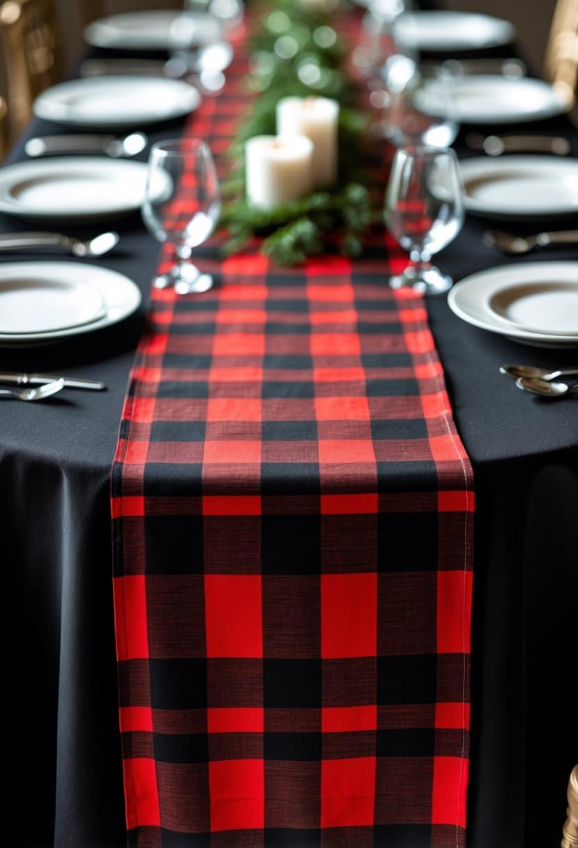 A black tablecloth with a red and black plaid table runner on a dining table set with plates, silverware, glasses, and small decorative centerpieces.