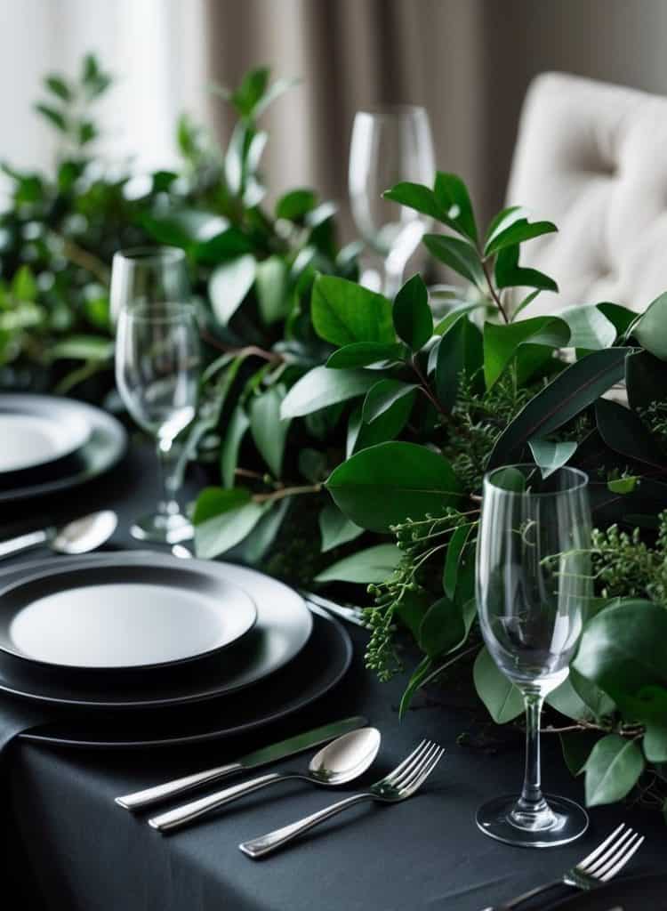 A dining table set with black plates, silver cutlery, empty glasses, and decorated with lush green foliage on a black tablecloth.
