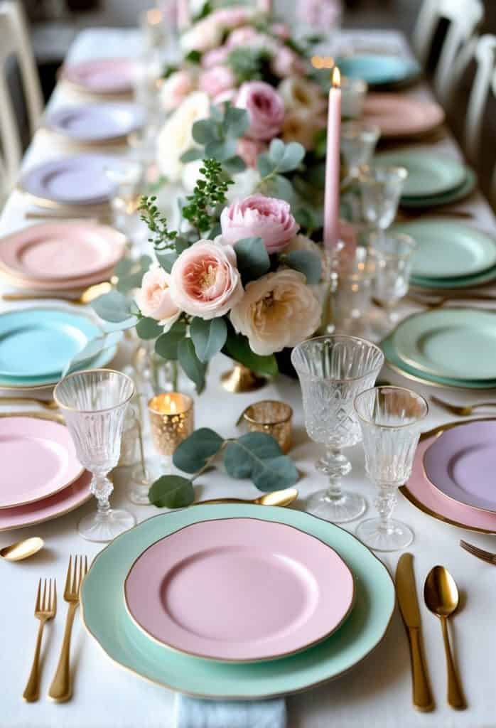 A formal dining table is set with pastel plates, gold cutlery, crystal glasses, and floral centerpieces featuring pink roses and greenery.