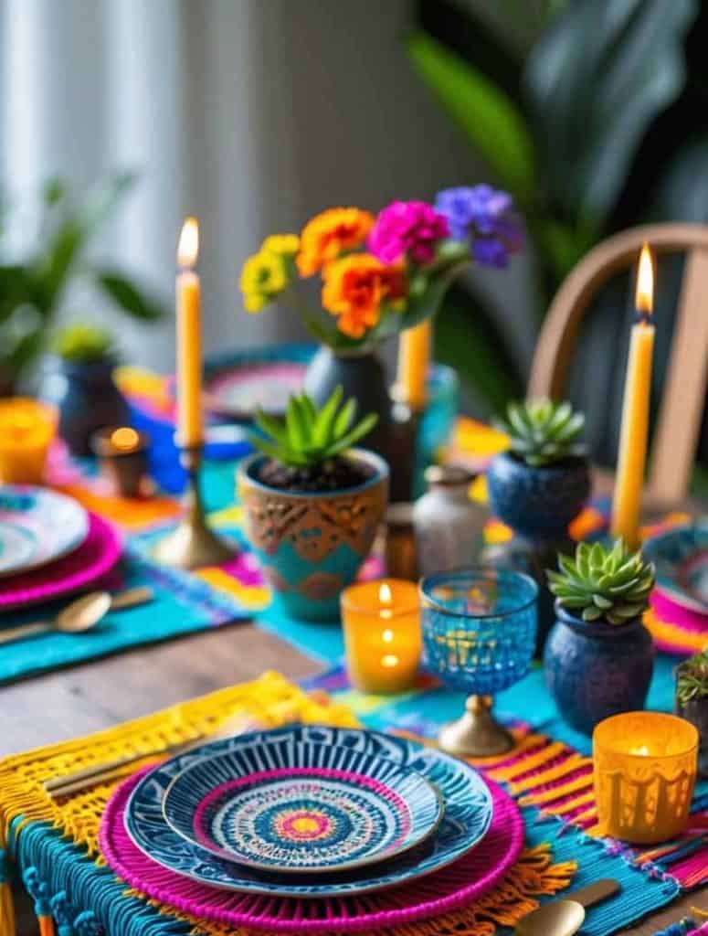 A colorful table setting with woven placemats, patterned plates, candles, succulents, and vibrant flowers arranged on a wooden table.