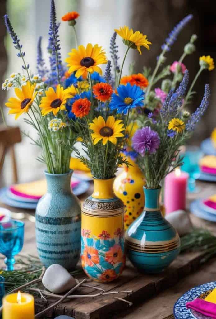A wooden table set for a meal, decorated with three colorful vases filled with bright wildflowers, candles, and vibrant tableware.