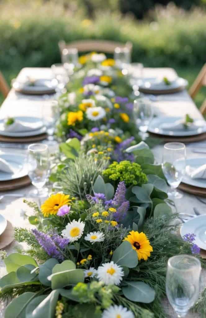 A long outdoor table is set with white plates, glasses, and napkins, featuring a centerpiece of green foliage and colorful flowers including yellow, white, and purple blooms.