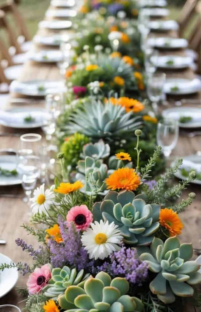 A long wooden table is set for a meal, decorated with plates, glasses, and a centerpiece of colorful flowers and succulents running down the middle.